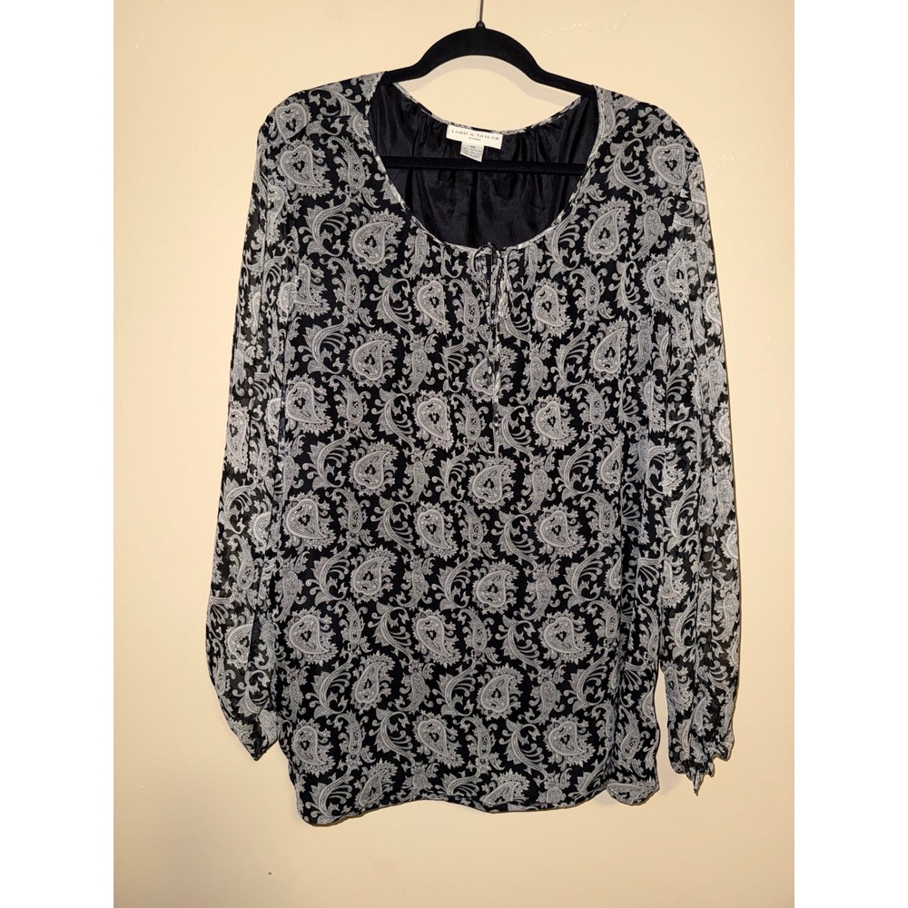 Lord & Taylor Woman 3X Silk Paisley Blouse Black White Long Sleeve Lined Office